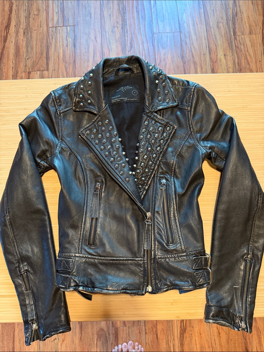All Saints Studded Leather Biker Moto Jacket Black US 2 - Picture 3 of 14